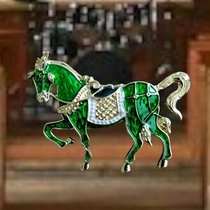 Green Enamel Horse Brooch